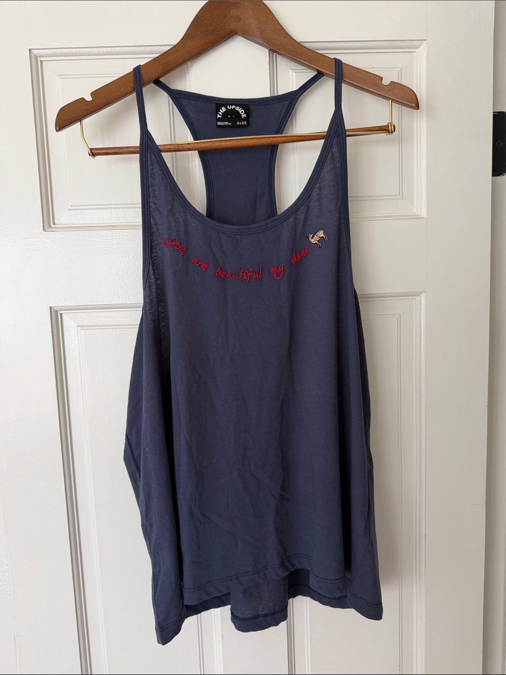 The Upside NavyTank with Red Embroidered Script “You are beautiful my dear”